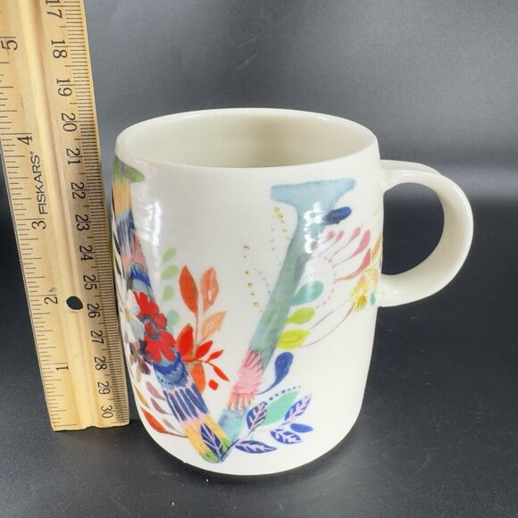 Anthropologie Starla M Halfmann Monogram Letter V Petal Palette Coffee Mug Cup - Picture 3 of 12
